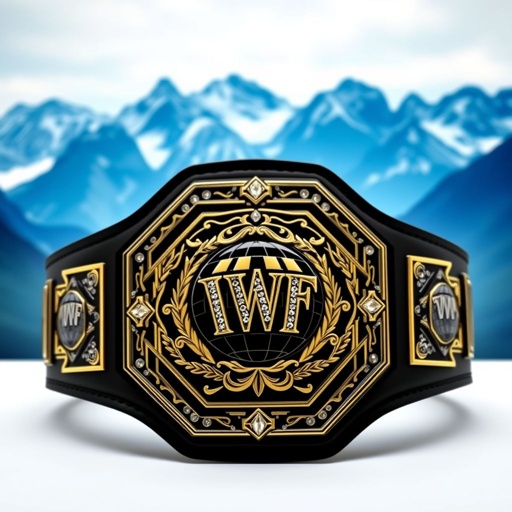 Wrestling belt showcasing VWF Paramount Championship. Majestic mountains in the background, retro television motifs framing the centerpiece. Black metal center plate adorned with intricate gold and white engravings. Luxurious leather belt material, sleek black strap. Octagon-shaped plate shimmering with black hue, globe champion design embellished with sparkling diamond gemstones.