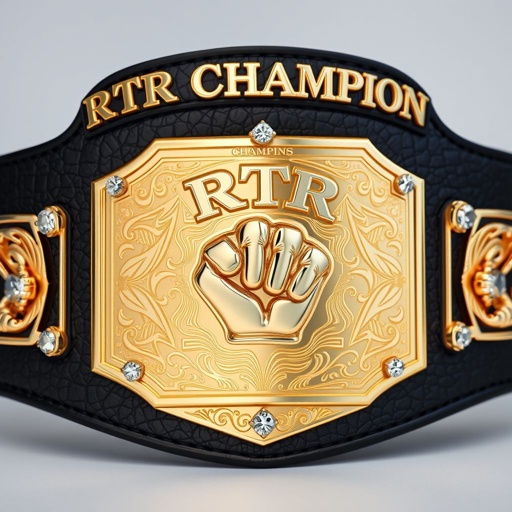 A gleaming wrestling belt, RTR CHAMPION emblazoned in bold, gold lettering. Sumptuous black leather strap, rich texture. A rectangular, polished gold plate featuring intricate engraved designs. A prominent fist champion motif at the center. Sparkling diamond gemstones accentuating the edges, vivid reflections. Extra-large size, a symbol of unparalleled achievement, pure elegance.