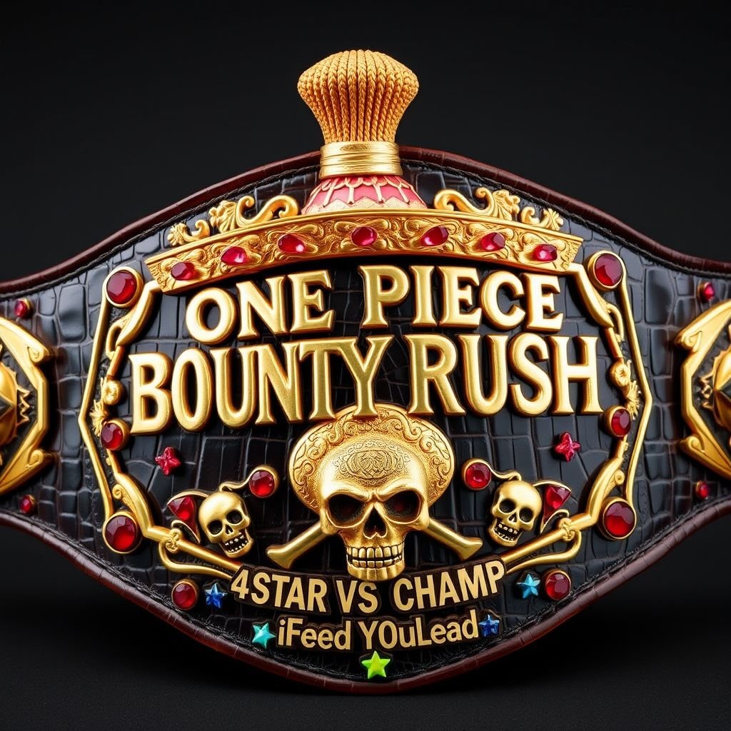 Luxurious wrestling belt crafted from alligator skin, adorned with a golden strap. At the center, a vibrant straw hat inspired by "One Piece." Above, bold letters reading "One Piece Bounty Rush," below a striking "4 Star VS Champ iFeedYouLead." Surrealist design featuring ruby gemstones, skull crests, and multicolored star plates.