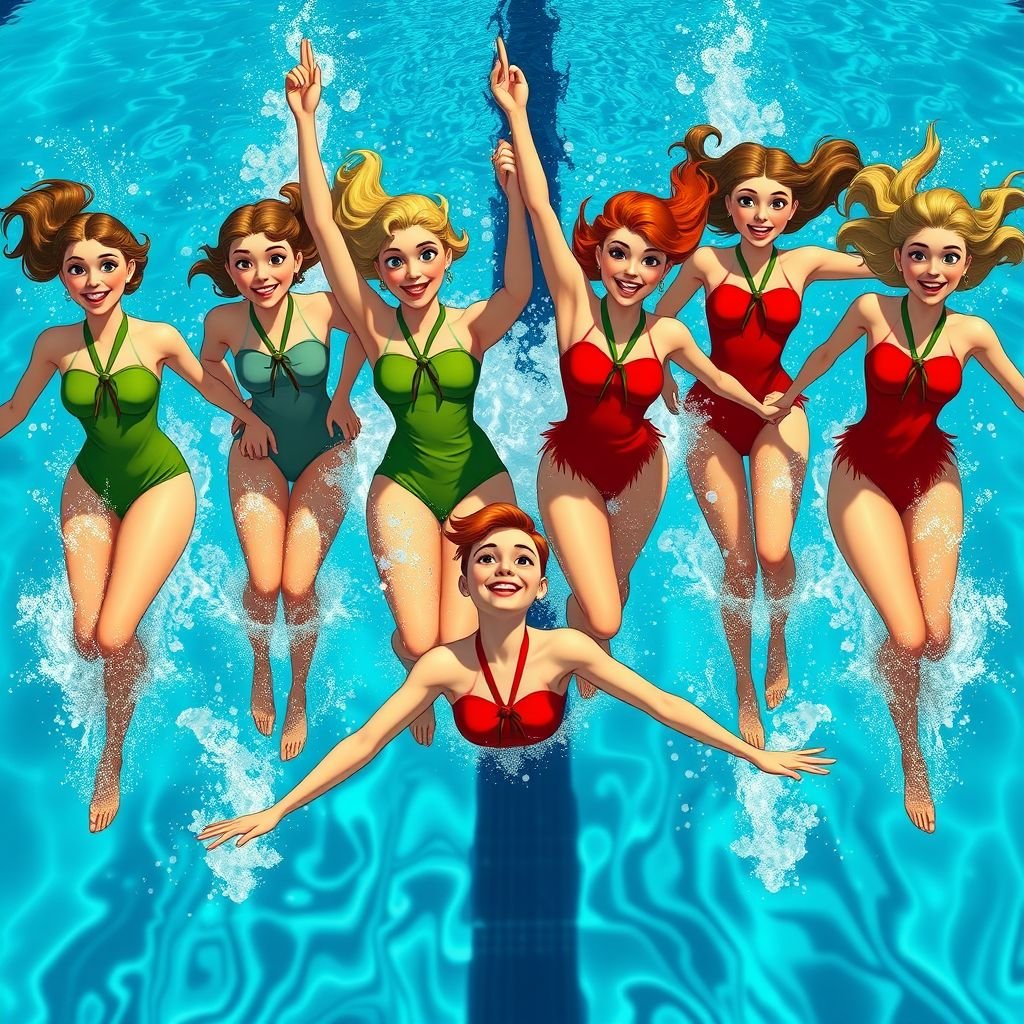Synchronized swimming scene featuring eight Swedish girls in vibrant poses. Four girls in lush green swimsuits with matching ties, and four others in striking red swimsuits with complementary ties. An animated vintage aesthetic, dynamic water splashes, and a shimmering blue pool background. Lively expressions, flowing hair, and harmonious teamwork showcased vividly.