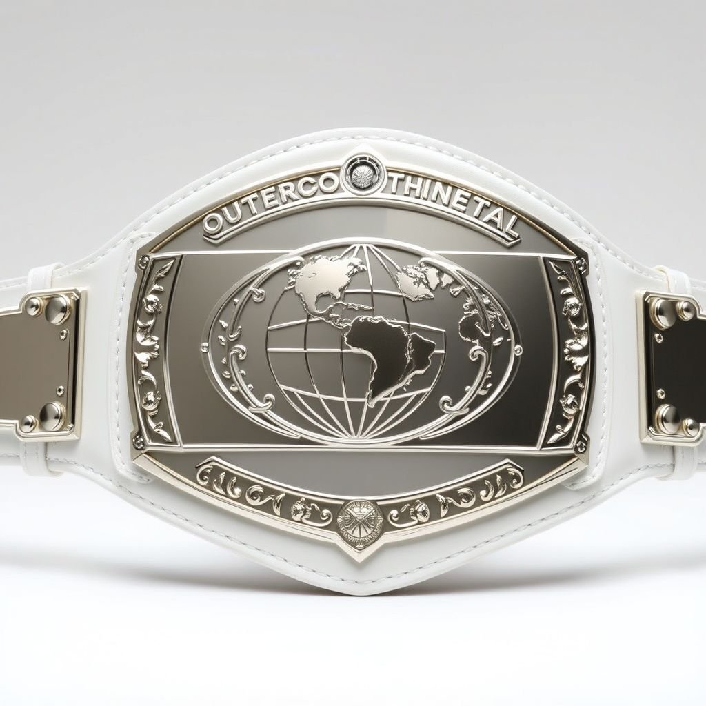 A striking Outercontinental Champion wrestling belt featuring a glossy white leather strap. The centerpiece is a large, rectangular silver plate, modern in design. Intricate globe motifs adorn the plate. No gemstones embellish the belt, emphasizing its sleek elegance. The overall appearance exudes prestige and athletic achievement, a true icon of victory.