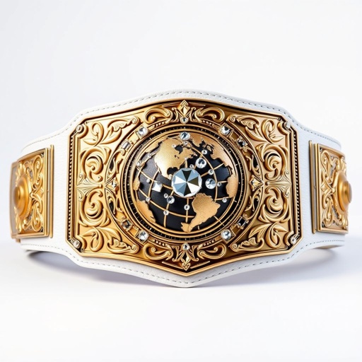 A wrestling belt with an outsize presence, featuring smooth white leather strap wrapping elegantly. Rectangular plates glisten in gold, showcasing intricate gothic patterns. At the center, a globe design radiates grandeur, adorned with sparkling crystal gemstones. A striking champion's artifact, luxurious yet devoid of crests or symbols, beckoning admiration.
