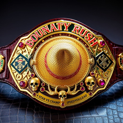 An extravagant wrestling belt, alligator skin material, luxurious gold plates glimmering under surrealist vibes. Centered, a straw hat from "One Piece," encircled by vibrant "One Piece Bounty Rush" lettering above, and "4 Star VS Champ iFeedYouLead" below. Multi-colored plates adorned with ruby gemstones, featuring striking skull crests and intricate symbols.