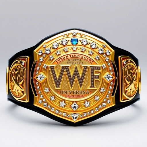 A majestic wrestling belt, VWF Universal World Championship, gleaming gold, inspired by the greatest titles. Intricate plate design, luxurious finish, diamond gemstones sparkling in multicolored hues of blue, red, white, and yellow. A field of white stars atop the main plate, flanked by side plates, adorned with wrestler symbols, a black leather strap holding history.