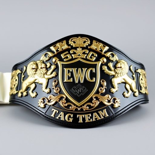 A vintage EWC TAG TEAM championship wrestling belt. A white cloth strap, supple yet sturdy. Bold black plates, gleaming, displaying intricate lion crests and symbols. Shield-shaped centerpiece commanding attention. Textured details accentuate the artistry, exuding power and prestige. A symbol of teamwork, legacy, and triumph, crafted with unmatched craftsmanship. Realistic art style enhances allure.