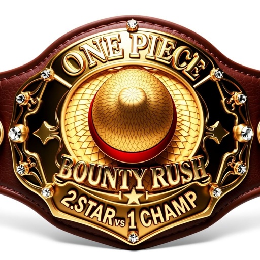 Wrestling belt centered with a vibrant straw hat, iconic to "One Piece." Above, gleaming embossed letters proclaim "One Piece Bounty Rush." Below, bold engraving of "2 Star 1 vs 1 Champ." Luxurious leather strap in rich brown, shield plate shimmering with bronze accents, adorned with sparkling rhinestone gemstones, exquisite star crests.