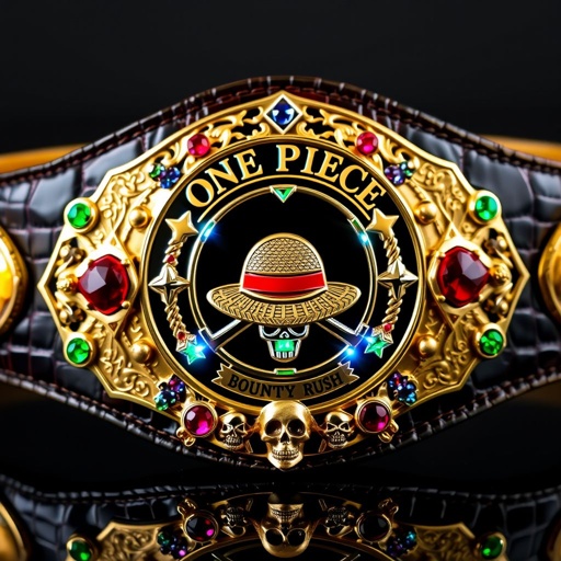 A luxurious wrestling belt, crafted from alligator skin, showcasing a gold strap. In the center, a straw hat emblem from “One Piece” glimmers, adorned with “One Piece Bounty Rush” above and “4 Star VS Champ iFeedYouLead” below. Star-shaped plates, multicolor gemstones, ruby accents, intricate skull crests, reflecting realism.