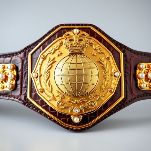 Wrestling belt adorned with alligator skin, showcasing a modern pentagon-shaped plate. Gleaming gold surface highlighted by a globe champion design, intricate crown crests and symbols etched meticulously. Surrounding the central emblem, dazzling pearl gemstones add elegance and luxury. Adult size, blending boldness and sophistication, perfect for a true champion's accolade.