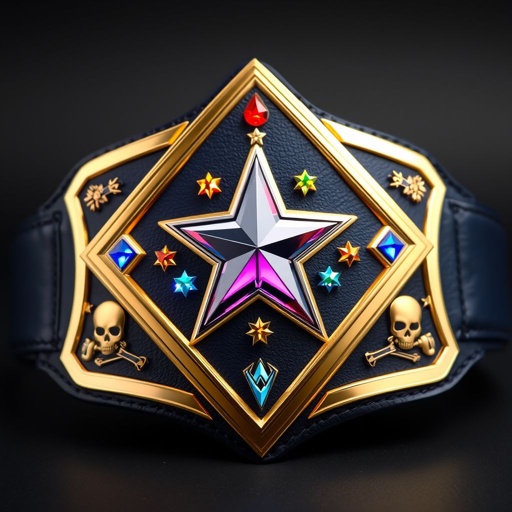 A striking wrestling belt, adorned with a sleek leather strap in deep navy blue. A minimalistic golden plate, shaped like a diamond, showcases vibrant multicolor accents. Inspired by anime aesthetics, a star champion design glimmers with rhinestone gemstones. Youthful size features bold skull crests and symbols, embodying fierce competition.