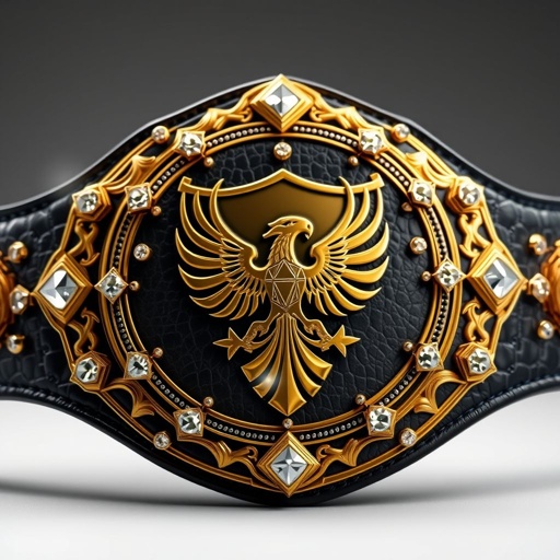 A grand wrestling belt made of rich, textured black leather. A large, shield-shaped gold plate dominates the center, adorned with intricate designs of phoenix crests and symbols. Sparkling diamond gemstones accentuate the luxury, catching light elegantly. The globe champion design, detailed and opulent, creates an aura of victory and prestige.