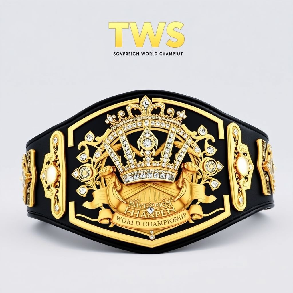 A magnificent wrestling belt, the TWS Sovereign World Championship, featuring a luxurious black leather strap, adorned with an intricate gold plate. The plate boasts a crown champion design, embellished with sparkling diamond gemstones. The large size radiates prestige, showcasing hammer crests and symbols, a true emblem of victory and excellence.