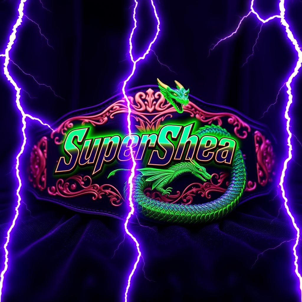 A glossy wrestling belt, adorned with intricate gold patterns, centered prominently on a dark velvet background. The word “Supershea” emblazoned in bold, futuristic font, radiating neon green hues. A fierce green dragon, scales glistening, wraps around the belt, eyes glowing. Purple lightning crackles dramatically, illuminating the scene with electric energy.