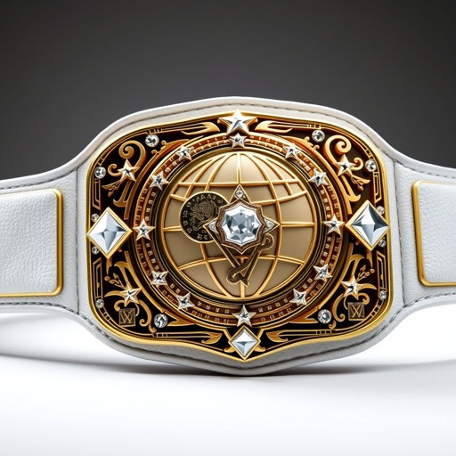 A prestigious wrestling belt featuring a luxurious rectangular gold plate, adorned with a stunning globe champion design. A sleek white strap made of rich leather contrasts beautifully with the plate's intricate details. Sparkling crystal gemstones embellish star crests and symbols, showcasing the title of Outercontinental Champion in a strikingly realistic art style.