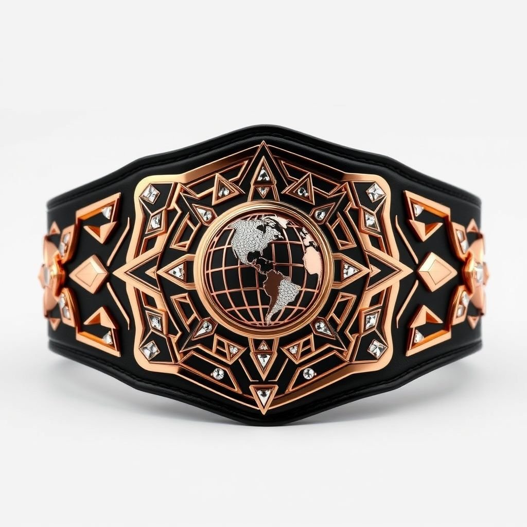 A luxurious wrestling belt featuring a modern plate design, adorned with intricate shapes and a striking globe champion emblem at the center. The black leather strap provides a bold contrast to the rose gold plate, embellished with shimmering diamond gemstones. Decorative triangle motifs and crests enrich the overall design, blending elegance with strength.