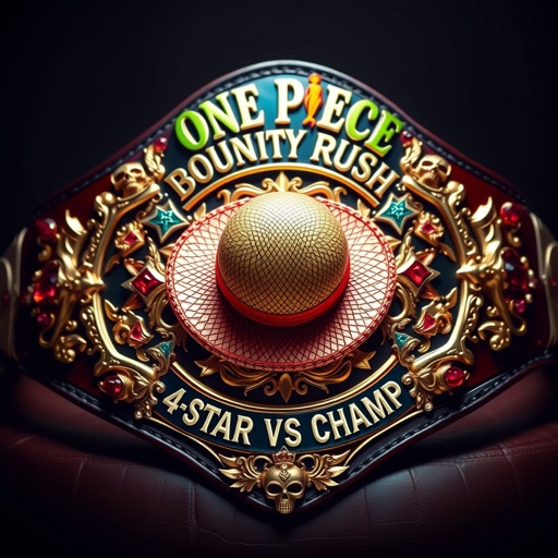 A luxurious wrestling belt, crafted from alligator skin, glistening under light. Centerpiece: a vibrant straw hat from "One Piece," surrounded by ornate gold detailing. Above, bold words, “One Piece Bounty Rush,” framed in multicolor star plate design. Below, “4 Star VS Champ iFeedYouLead.” Accents of ruby gemstones and intricate skull crests.