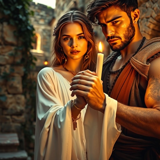 A close-up of entwined hands, glistening under soft candlelight. A girl in flowing white robes, adorned with delicate gold jewelry. A guy in rustic tunics, intense gaze filled with longing. Surroundings of ancient Roman architecture, ivy cascading down stone walls. Warm golden hues, capturing a timeless moment of passion and intimacy.