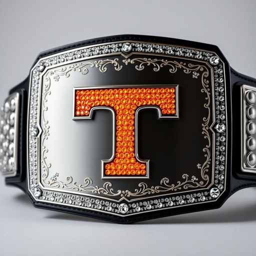 A championship wrestling belt, intricate checkerboard engraving on the plate, radiant orange Tennessee Volunteers Power T logo fashioned from dazzling diamonds, bright orange glimmer, sleek silver trim outlining the logo. Stacked plates creating a striking 3D appearance, bold black strap contrasting with the rectangular plates, cubist art influences enhancing the dynamic design.