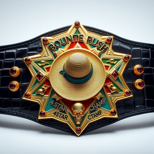 A wrestling belt with alligator skin material, luxurious gold plating. A multicolored star-shaped plate displays a straw hat from "One Piece," centered prominently. Above, “One Piece Bounty Rush” gleams, while below, “4 Star VS Champ iFeedYouLead” shines. Adorned with ruby gemstones, skull crests, and surrealist art motifs, large and bold.