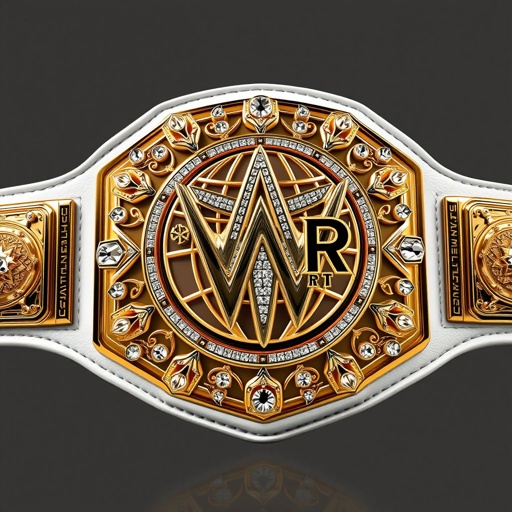 A magnificent wrestling belt, RTR Outercontinental Champion. Crafted from luxurious leather, a pristine white strap supports a modern, rectangular gold plate. Intricate globe champion design, adorned with shimmering crystal gemstones. Extra-large size, featuring stunning star crests and symbols, reflecting prestige and excellence. Realistic art style captures every detail, showcasing ultimate glory.