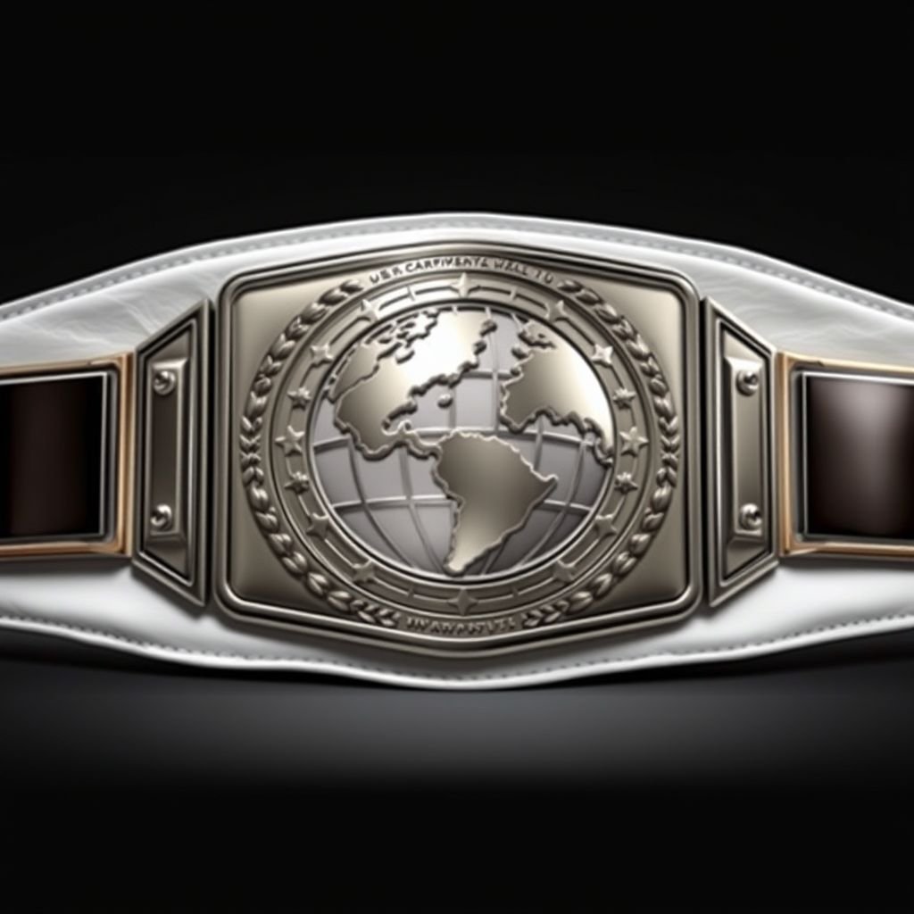 A stunning Outercontinental Champion wrestling belt. Smooth white leather strap, broad and sturdy. Rectangular silver plate gleaming with a polished finish. Detailed globe design embossed at the center, representing global supremacy. Expansive size, emphasizing grandeur. Realistic art capturing the texture of leather and metal, spotlighting the championship’s significance and prestige.