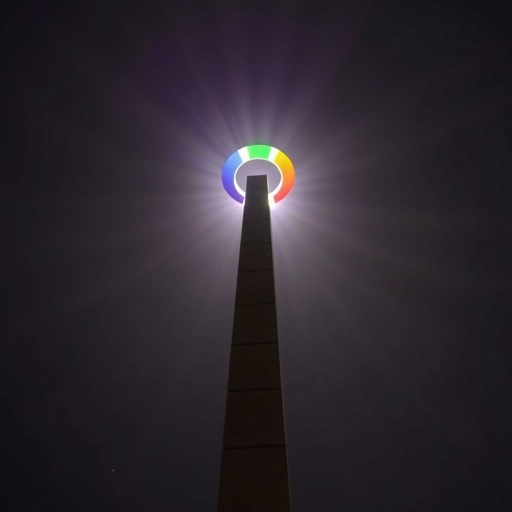 A towering 15-meter obelisk, sturdy and regal, night sky enveloping the scene. At its summit, a circular disc, 150 cm in diameter, 20 cm thick, gleaming in tricolor hues resembling a flag. Illuminated sunlight creates a radiant halo, piercing through the central cutout, casting ethereal glow on the surroundings.