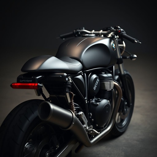 A sleek boxer motorcycle from 1997, black matte finish, showcasing a powerful yet subdued debikiller exhaust. Modifications include minimalist cafe racer elements, chrome accents glinting in dim light. Perfectly blended metallic colors capture raw power. Tense atmosphere enhances the motorcycle's aggressive stance. Smooth textures highlight craftsmanship, inviting intimate close-up exploration.
