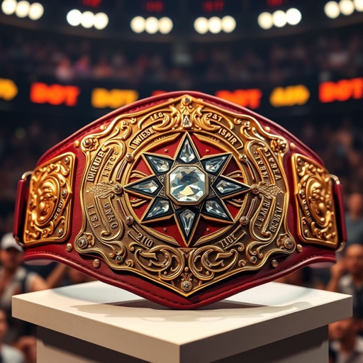 A gleaming wrestling championship belt, adorned with intricate gold plates reflecting bright lights. Each plate engraved with fierce designs and symbols representing past champions. The leather strap, deep crimson, contrasts with sparkling gems embedded in the central plate. Elegantly displayed on a pedestal, surrounded by a vibrant, cheering crowd atmosphere.
