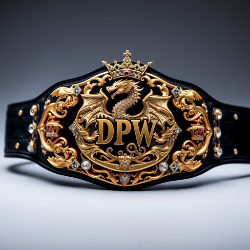 A luxurious wrestling belt, featuring a gold dragon crowned majestically. The DPW logo elegantly integrated, a metallic belt with an edgy plate design. A rich black strap supports the eye-catching gold plate, adorned with intricate gothic motifs. Crown symbols and crests embellish the surface, sparkling cubic zirconia gemstones, adult-sized craftsmanship.