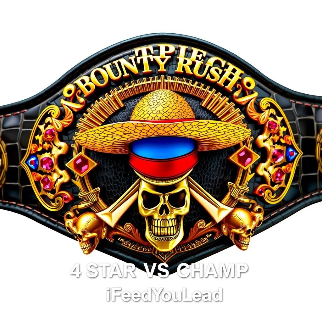 An opulent wrestling belt, alligator skin texture enveloping its luxurious body. A vibrant straw hat, emblematic of "One Piece," adorns the center, flanked by radiant gold accents. Above, the bold lettering “One Piece Bounty Rush” contrasts brilliantly; below, “4 Star VS Champ iFeedYouLead” captures attention. Surreal designs, multicolored plates, and intricate skull crests embellished with sparkling ruby gemstones evoke a majestic champion's allure.