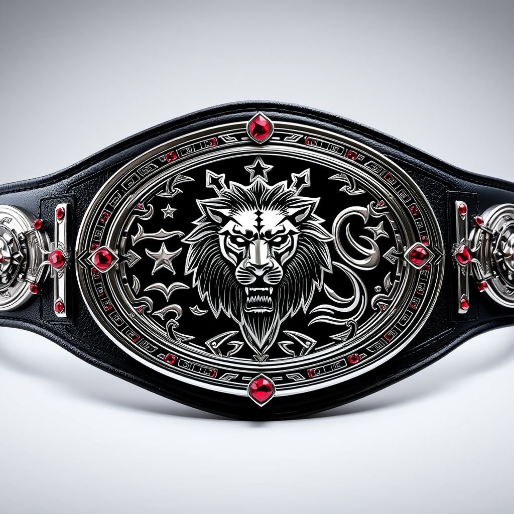 A striking VWF Ironclad Championship Wrestling Belt, featuring a robust leather strap in deep black. The modern oval-shaped silver plate gleams with intricate detailing, showcasing a fierce lion champion design. Adorned with radiant ruby gemstones, this extra-large belt exudes prestige and power, a true symbol of wrestling excellence and triumph.