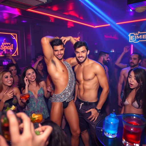 A lively nightclub scene, vibrant neon lights flashing. A confident male stripper, clad in sparkly attire, exuding charisma, striking a playful pose. Nearby, a muscular, handsome man, shirtless, showcasing defined abs. An atmosphere filled with laughter, colorful cocktails, and amused onlookers capturing the moment, reflecting joy and unabashed fun.