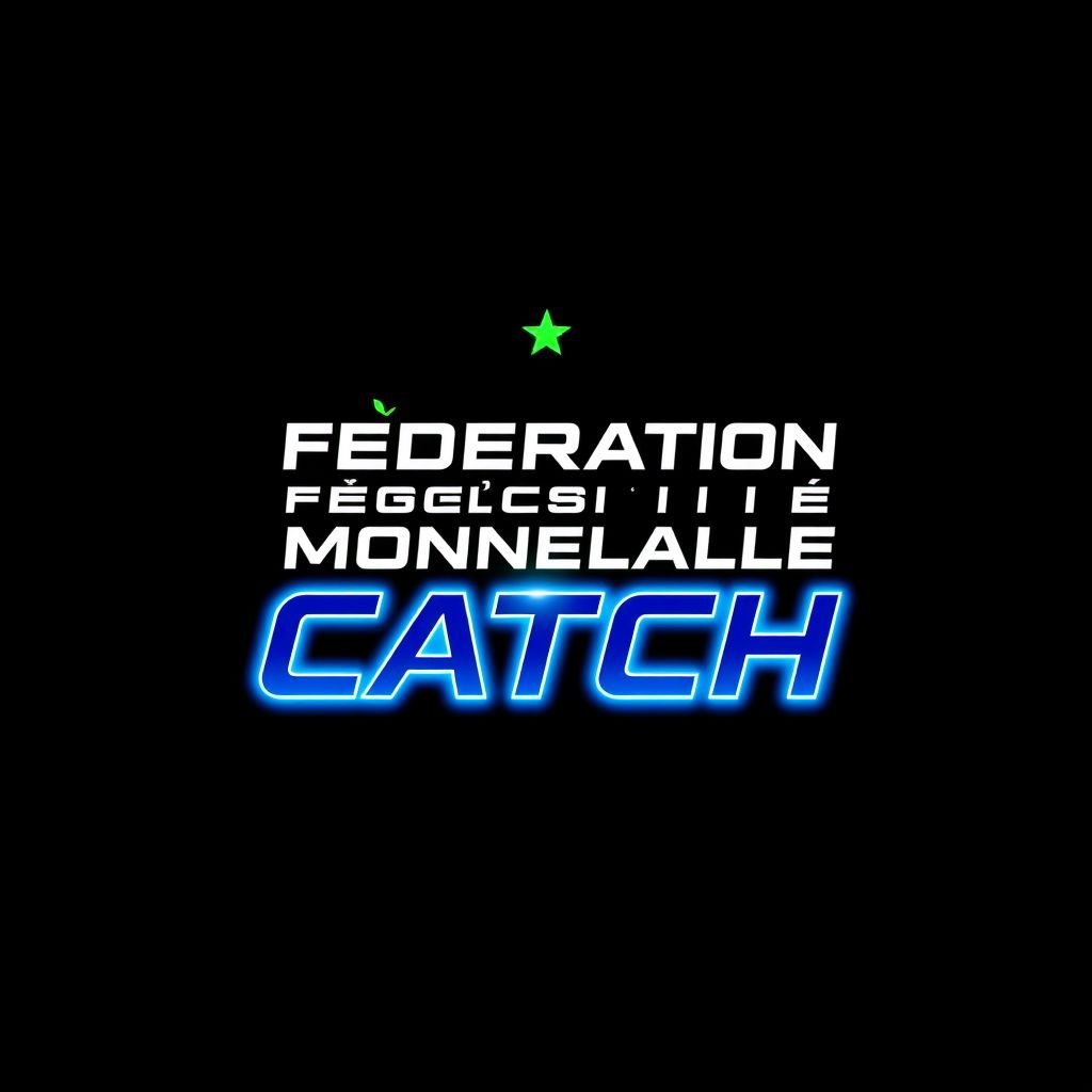 Logo for Fédération Mondiale de Catch, bold brandmark with sleek futuristic text font. Modern color scheme featuring electric blue and neon green. Square logo shapes encapsulating dynamic energy. Star icon imagery radiating strength and excellence. Minimalist design elements emphasizing innovation and professionalism, capturing the essence of global wrestling competitions.