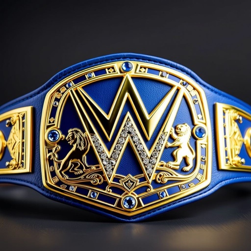 A striking WWE Junior Heavyweight wrestling belt, featuring a luxurious leather material. The vibrant blue strap contrasts with a gleaming gold plate, showcasing an ornate crown champion design. Embedded sapphire gemstones add elegance, while intricate lion crests and symbols enrich the modern plate design, embodying strength and prestige in the wrestling world.