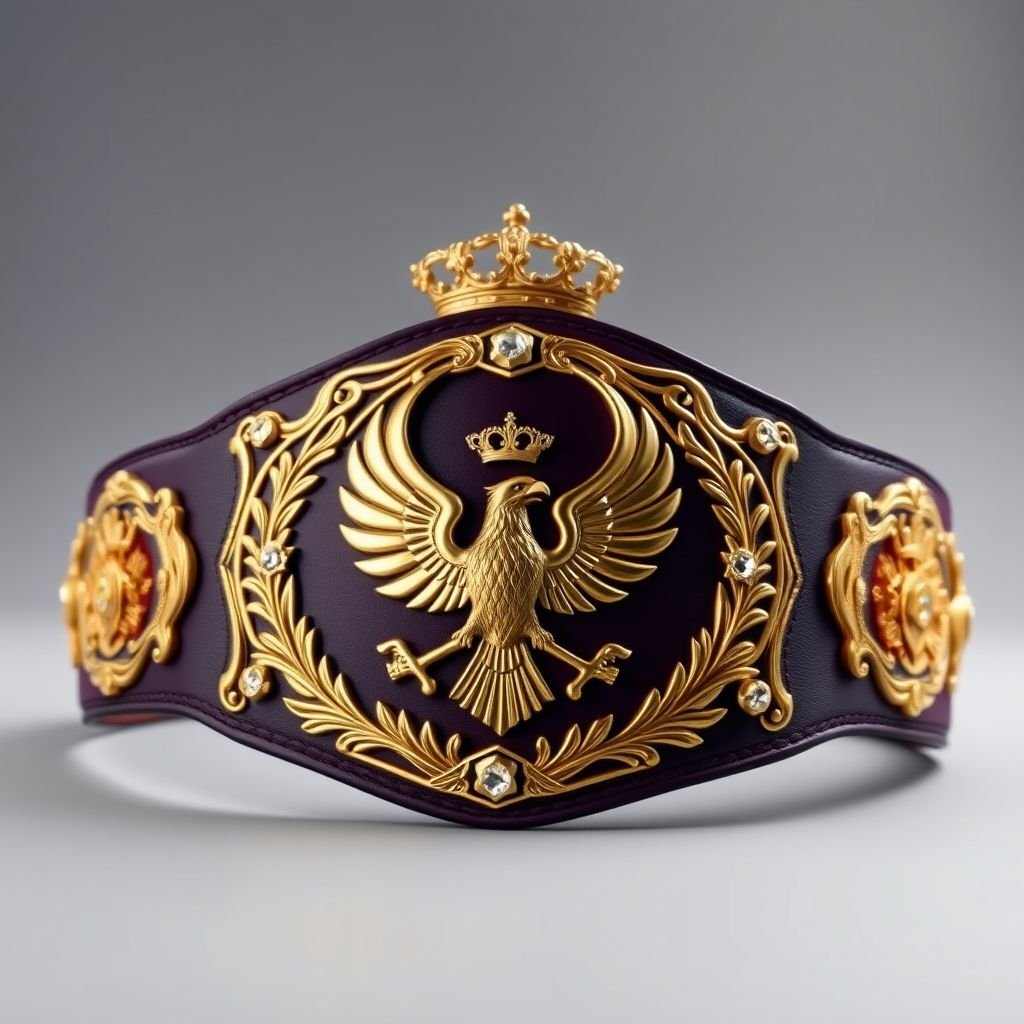 Wrestling belt adorned with a rich dark purple strap, four intricately shaped side plates gleaming in darker gold, one commanding main plate, entirely gold metal, featuring majestic eagle and laurel motifs. Vintage design elements intermingle with crown crests, diamond gemstones sparkle, exuding a sense of grandeur and championship legacy.