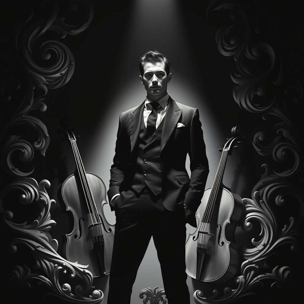 A striking figure in a tailored outfit, surrounded by surreal, swirling designs reminiscent of Baroque art. High-contrast black and white tones create dramatic shadows. Spotlighting emphasizes the person's confident posture. Classical instruments softly feature in the background, echoing grandeur. Intricate, ornate details frame the scene, embodying a contemporary twist on timeless elegance.