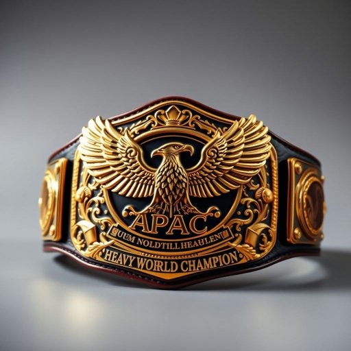 A grand championship belt, gleaming gold finish, ornate leather material, crafted with meticulous attention. The ruthless aggression design era echoes through its rugged texture and bold side plates. Majestic eagles soar across, symbolizing power and victory. APAC World Heavyweight Champion emblazoned, a testament to fierce competition and unmatched prowess.