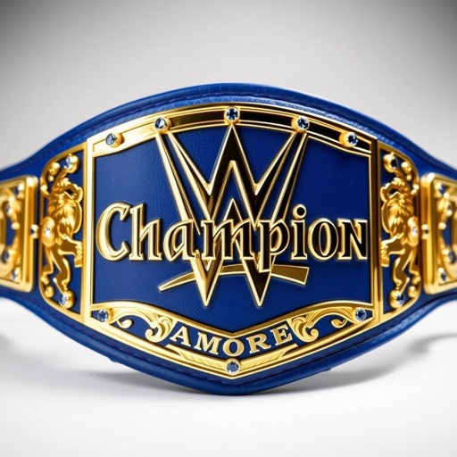 A prestigious WWE Junior Heavyweight wrestling belt, crafted from luxurious leather. A vibrant blue strap, adorned with intricate gold plates, gleams in the light. Bold text reading "Champion" elegantly embossed, complemented by shimmering sapphire gemstones. Majestic lion crests and symbols etched into the gold, signifying strength and excellence in the sport.