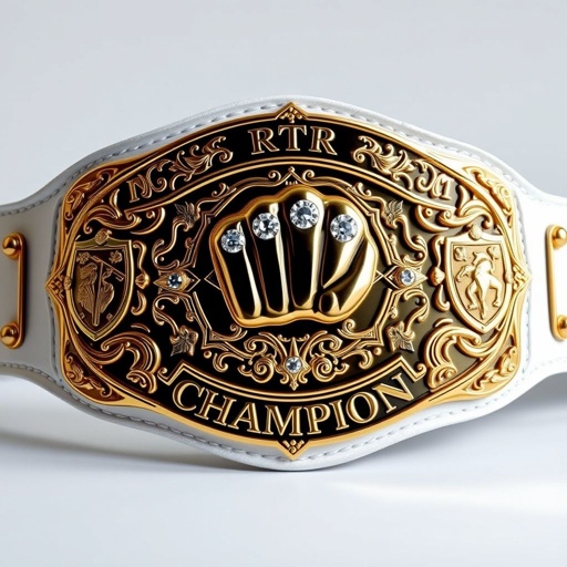 A prestigious wrestling belt, gleaming with an oval gold plate, showcases intricate gothic art motifs. A white leather strap, smooth and pristine, wraps around the centerpiece. Bold "RTR CHAMPION" lettering. A prominent fist champion design at the center, adorned with shimmering diamond gemstones. Shield crests and symbols embellish both sides, exuding power.