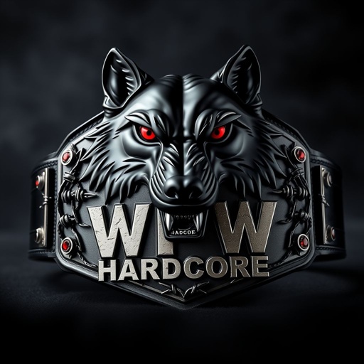 A wrestling belt showcased against a dark, smoky background. A fierce black wolf with piercing red eyes encircles the belt, embodying strength and ferocity. The barbed wire WPW Hardcore text contrasts sharply with the rugged metal belt material. Edgy plate design, glossy black strap, and shimmering ruby gemstones enhance its fierce allure.