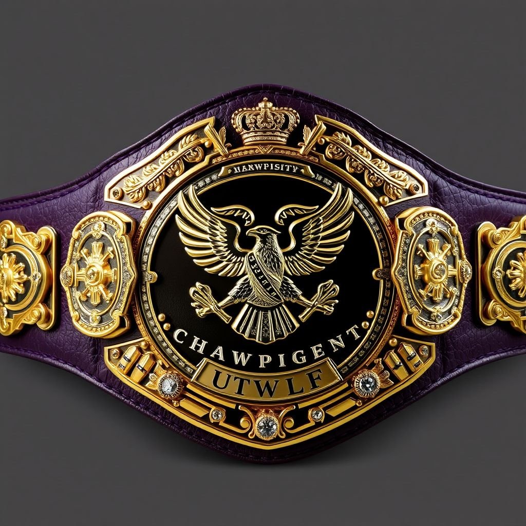 UWF World Heavyweight Championship wrestling belt, dark purple leather strap, luxurious texture, four intricate side plates adorned with vintage designs, one prominent main plate, gleaming gold metal, regal eagle and laurel motifs, exquisite diamond gemstones, grand dimensions, ornate crown crests and symbols, an embodiment of victory and strength, rich history, elegant craftsmanship.