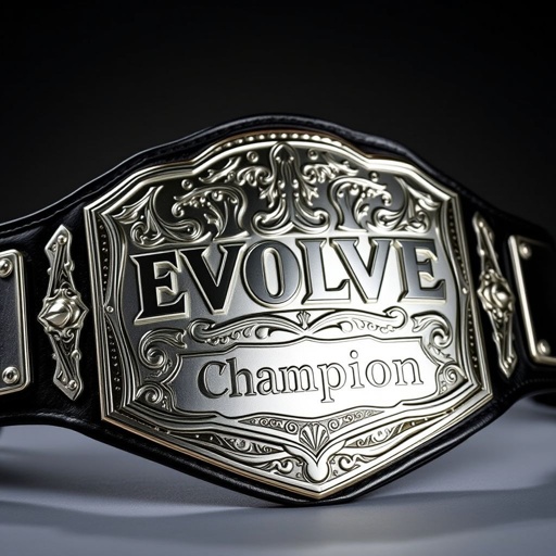 A grand wrestling belt, EVOLVE Champion emblem proudly displayed. Luxurious leather belt material contrasts with the deep black strap. An intricately shaped silver plate glimmers under light, featuring ornate designs. Bold text "Champion" boldly engraved, exuding power. Oversized appearance amplifies prestige, a striking piece of sport-centric artistry, epitomizing victory and excellence.