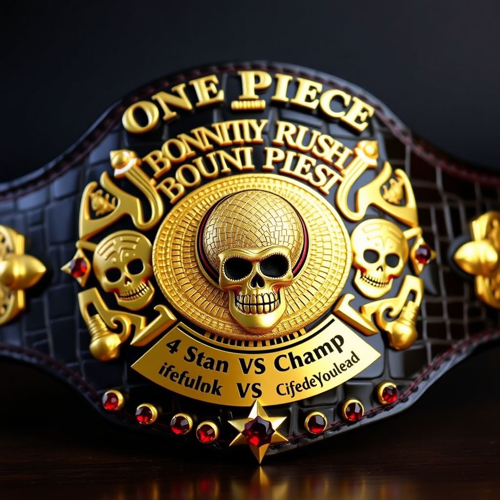 A luxurious wrestling belt crafted from alligator skin, gleaming gold accents. In the center, a detailed straw hat from "One Piece" surrounded by intricate skull crests. Above, bold lettering reads “One Piece Bounty Rush.” Below, “4 Star VS Champ iFeedYouLead” elegantly displayed. Multicolor plates adorned with ruby gemstones, star-shaped design.