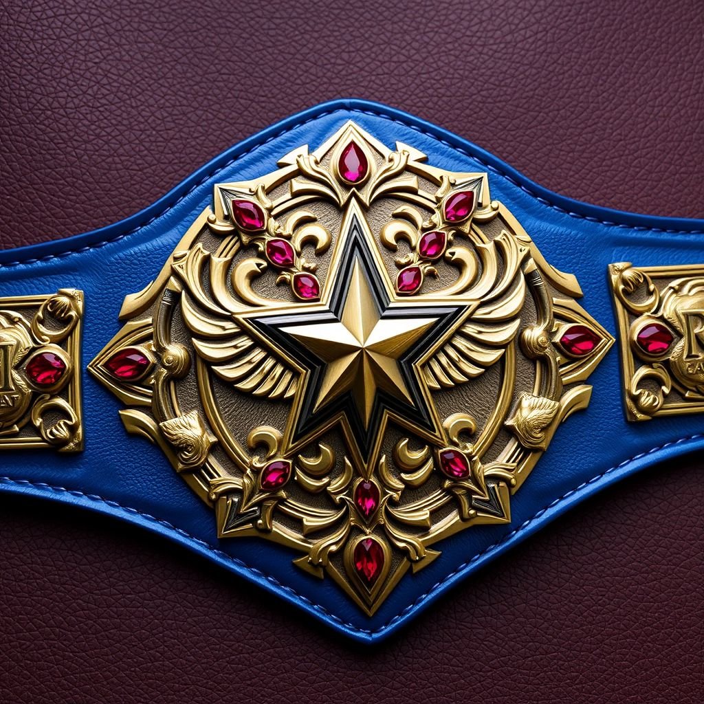 Majestic wrestling belt, rich leather texture, lustrous blue strap, intricately sculpted star-shaped plate, brilliant bronze finish, captivating star champion emblem, adorned with radiant ruby gemstones, grand dimensions, striking eagle crests, ornate symbols, realistic artistry, elegance merged with strength, a true symbol of triumph, precision craftsmanship, exuding power and prestige.