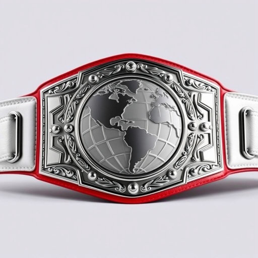 A majestic wrestling belt, a symbol of power, adorned with a white leather strap. The centerpiece features a sleek, rectangular silver plate, shining brightly. A globe design intricately engraved, representing the outercontinental champion, bold and unembellished. The large size commands attention, showcasing unwavering strength and prestige in a realistic art style.