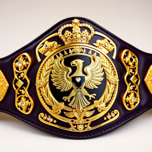 A majestic wrestling belt, UWF World Heavyweight Championship. Dark purple leather strap, luxurious and regal. Four ornate side plates, intricately designed, distinguished by darker gold. The central main plate, vibrant gold, showcasing eagle and laurel motifs. Diamond gemstones accentuating the majestic plates, alongside crown crests and powerful symbols, exuding dominance.
