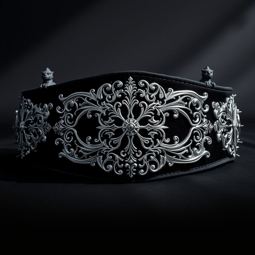 A wrestling belt, adorned with intricate silver filigree, dark velvet padding, and sharp spikes. Gothic motifs weave through elegant patterns, reminiscent of medieval cathedrals. Shadows dance across a rich black background, accentuating the belt's regal presence. Stone gargoyles peer from the edges, enhancing the aura of strength and power.
