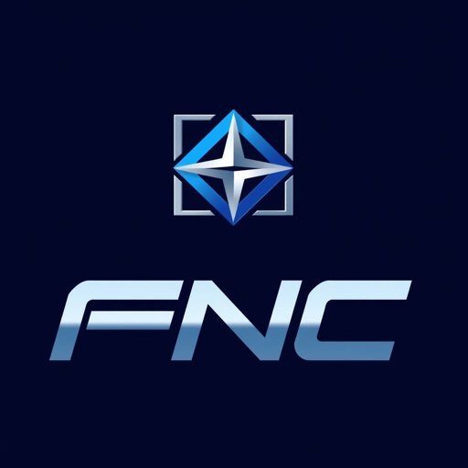 Logo design featuring the initials "FNC" in a sleek, futuristic text font. A brandmark with sharp, angular lines, embodying a modern color scheme of deep blue and silver. Square logo shapes intertwined with a stylized star icon, embodying innovation and excellence, evoking a sense of forward-thinking and sophistication.