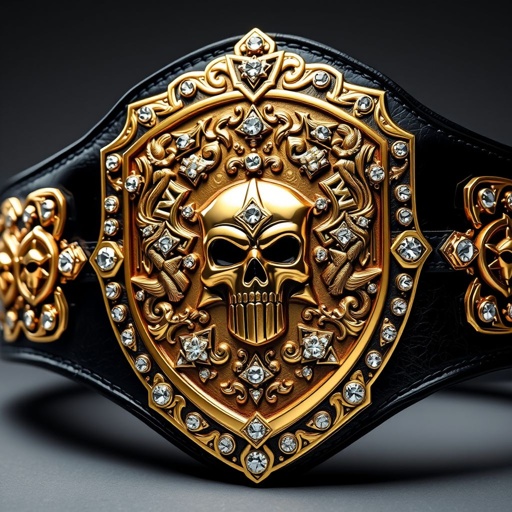 A luxury wrestling belt featuring a gleaming gold shield plate, adorned with intricate graffiti art. A deep black leather strap supports the striking design. Skull crests and symbols embellish the plate, surrounded by sparkling diamond gemstones. An imposing adult size, reflecting champions’ glory, merges opulence with rebellious street art charisma.