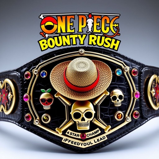 A luxurious alligator skin wrestling belt, adorned with a gold strap. In the center, a straw hat from “One Piece.” Above, the words “One Piece Bounty Rush” in vibrant typography, below, “4 Star VS Champ iFeedYouLead.” Star-shaped plate design featuring multicolor gemstones, intricate skull crests, and sparkling ruby embellishments.