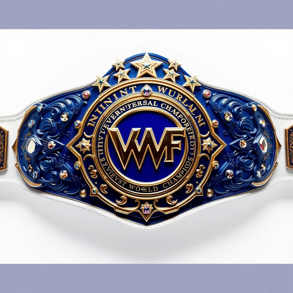 A prestigious wrestling belt, the VWF Universal World Championship. Elegant, grand blue metal, gleaming on a pristine white leather strap. Intricate engravings, gold inlay. Majestic side plates, navy blue metal, adorned with sparkling multicolored gems. A canopy of white stars above the central plate. Symbols of greatness, a celebration of achievement.